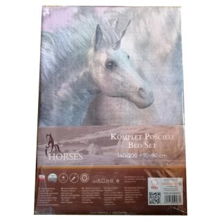 Pferde- Bettwäsche 140x200 cm "Mutti mit Fohlen und Horn", 100% Baumwolle