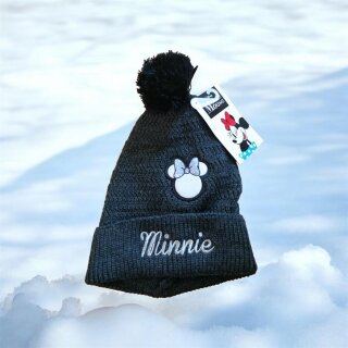 Warme Minnie Mouse Strickmütze mit Bommel / Pompons, Bommelmütze, grau mit Schriftzug