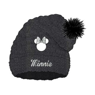 Warme Minnie Mouse Strickmütze mit Bommel / Pompons, Bommelmütze, grau mit Schriftzug