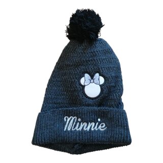 Warme Minnie Mouse Strickmütze mit Bommel / Pompons, Bommelmütze, grau mit Schriftzug