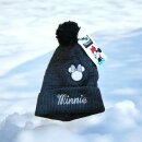 Warme Minnie Mouse Strickmütze mit Bommel / Pompons, Bommelmütze, grau mit Schriftzug