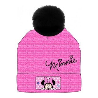 Minnie Mouse Strickmütze mit Bommel / Pompons, Bommelmütze, pink mit Schriftzug, 54