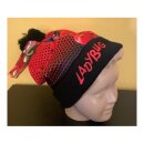 Kinder-Wintermütze mit Bommel, Ladybug Motiv, Rot/Schwarz, Gr. 52/54, außen Polyester innen Acryl