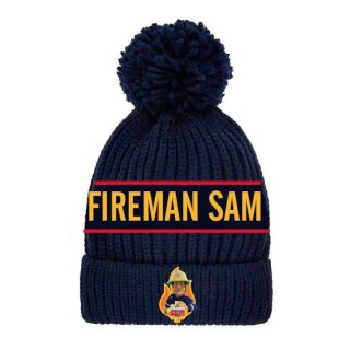 Warme Strickmütze Motiv Feuerwehmann SAM mit Bommel, Logo und Schriftzug, 54