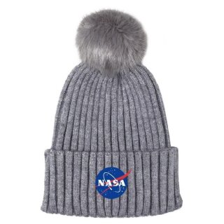 NASA Strickmütze mit Bommel / Pompons, Bommelmütze, grau mit Schriftzug und Logo