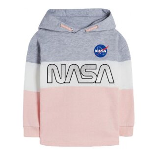Mädchen-Sweatshirt mit silbernem NASA-Schriftzug | Grau-Weiß-Rosa gestreift, 134/140