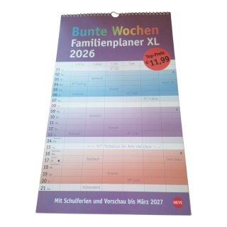 Familienplaner XL 2026 | 6 Spalten | Bunte Wochen | Heye | 27×45 cm