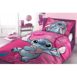 Kinder-Bettwäsche „Stitch – verliebt“ 160x200 + 70x80 | 100 % Baumwolle | Reißverschluss